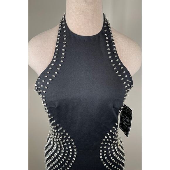Retrofete Aubin Crystal Embellished Halter Neck Black and Silver Mini Dress Sz S - Picture 6 of 11